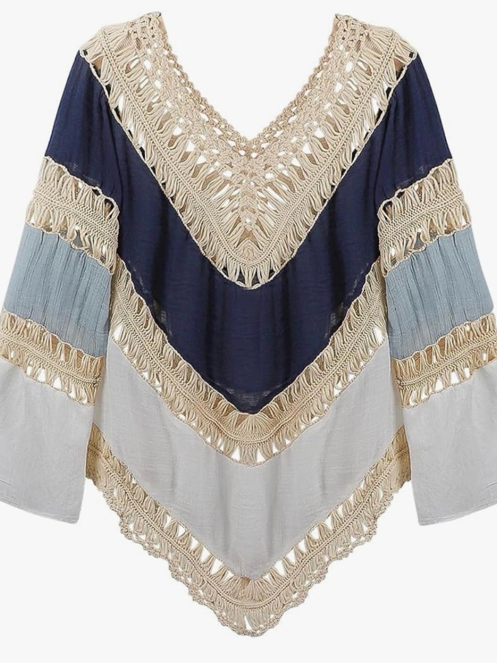 Umgee Navy, Light Blue & Cream Crochet-Trim Boho Tunic